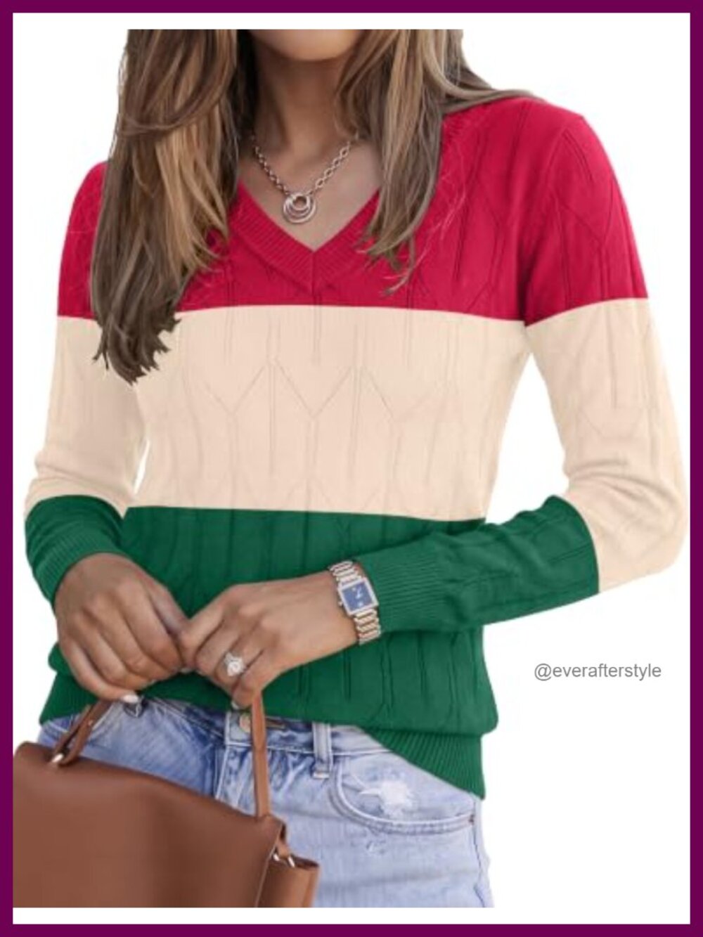 Womens V Neck Long Sleeve Diamond Knit Pullover Sweater